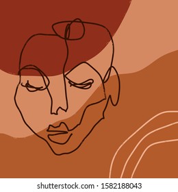 Simple Handdrawn Terracotta Art Abstraction Modern Trendy Line Portrait Face Composition Monochrome Print For Clothes Textile Vector