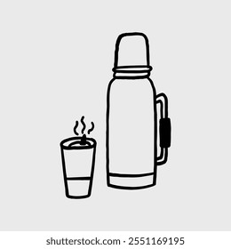 Simple hand-drawn thermos and steaming cup design. Vector hand drawn illustration in freehand style