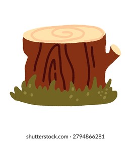 Simple hand-drawn tree stump surrounded by grass. Nature-themed illustration ideal for forestry, woodland, ecology, landscaping, environmental, and educational design projects