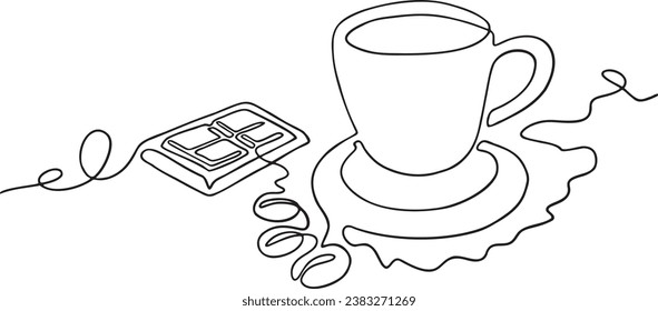 Simple handdrawn trendy black and white chocolate and cup of coffee lineart illustration.Vector abstract continuous line vector abstract.Doodle for print,textile,postcard,label,scrapbooking,design