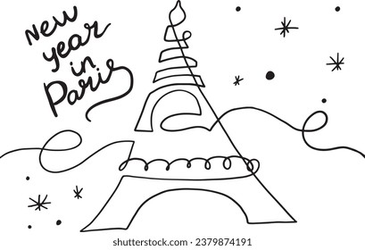 Simple handdrawn trendy linear black and white eiffel tower design and New Year lettering.For print clothes,textiles,cards,poster,label,imprint,scrapbooking,t-shirt,design,tattoo,sticker,background