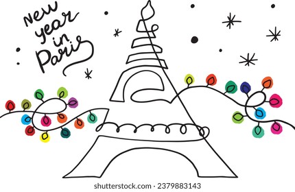 Simple handdrawn trendy linear black and white eiffel tower design and New Year lettering.For print clothes,textiles,cards,poster,label,imprint,scrapbooking,t-shirt,design,tattoo,sticker,background