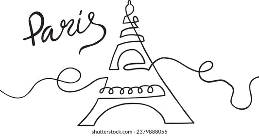 Simple handdrawn trendy linear black and white eiffel tower design and lettering.Continuous line vector for print clothes,textiles,cards,poster,label,imprint,scrapbooking,t-shirt,design,tattoo,sticker
