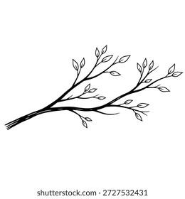 Ein einfacher, handgezeichneter Zweig mit einigen zarten Blättern, in minimalistischem Stil auf sauberem, weißem Hintergrund präsentiert.