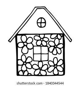 Simple hand-drawn vector black outline drawing. Cartoon children's patterned house, flowers on the facade. For prints, coloring pages, postcards.