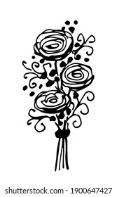 Simple hand-drawn vector black outline doodle style drawing. Rose flowers bouquet isolated on white background. For the design of postcards March 8, birthday.