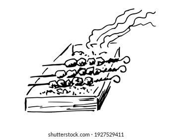 Simple hand-drawn vector black outline doodle style drawing. Brazier, meat skewers, barbecue, smoke, cooking. Picnic in nature. Charcoal for grilling. For label, menu, street food.