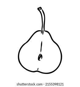Simple hand-drawn vector black outline drawing. Pear isolated on a white background. Garden fruits, farm products. For prints, labels, markets. Children's coloring.