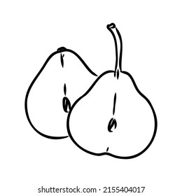 Simple hand-drawn vector black outline drawing. Pear isolated on a white background. Garden fruits, farm products. For prints, labels, markets. Children's coloring.
