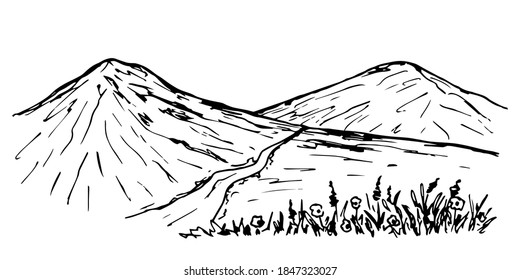 Simple hand-drawn vector black and white sketch. Mountain landscape, river, gorge, flowers and grass in the foreground. Nature, tourism and travel.