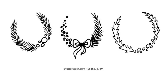 Simple hand-drawn vector doodle black outline drawing. A set of round frames, a wreath of coniferous branches, a bow. For New Year's, Christmas design of labels, cards, stickers.