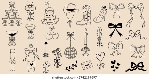 Simple handdrawn vector doodle coquette and Valentine motifs. Original artwork includes bows, champagne bottle, martini glass, boot, hat and disco ball. Ideal for Valentine’s Day cards, bachelorette party invites or Galentine’s Day stationery. 