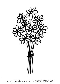 Sencillo dibujo de estilo de doodle de vector dibujado a mano. Bouquet de margaritas con contorno negro aislado en un fondo blanco. Para postales impresas, vacaciones de verano en primavera, día de la madre.