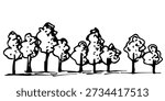 A simple hand-drawn vector drawing with a black outline. Deciduous trees, forest, grove. Nature and vegetation, plants. Sketch in ink.