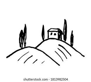 Simple hand-drawn vector drawing in black outline. Traditional landscape, hill house, cypresses, farm fields. For prints, logo, label, postcard.