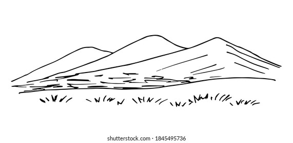 Simple Hand-drawn Vector Drawing In Black Outline. Mountain Landscape, Grass, Wilderness, Hilly Area. Tourism, Travel. Ink Sketch.