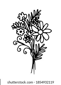 Simple hand-drawn vector drawing in black outline. Festive bouquet of flowers isolated on white background. For postcard prints, label, sticker. Gift, birthday, March 8th.