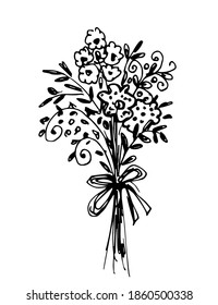 Simple hand-drawn vector drawing in black outline. Bouquet of wildflowers  isolated on a white background. For prints of postcards, labels, stickers. Gift, birthday, March 8.