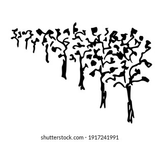 Simple hand-drawn vector drawing in black outline. A row of vines, garden trees, forest, seedlings, organic cultivation. Vineyard, farm fields. Landscape, nature.