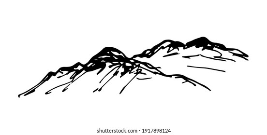 Simple hand-drawn vector drawing in black outline. Nature, landscape, mountain top. Ink sketch. Tourism, travel, sports.