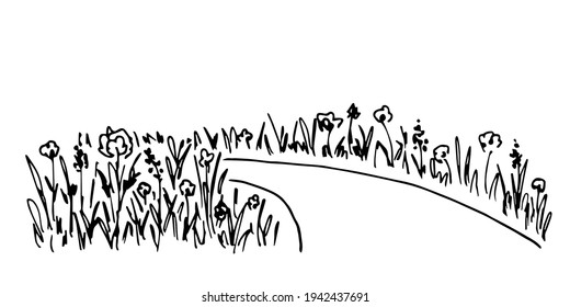 Simple hand-drawn vector drawing in black outline. Path, flowers on the roadside. Blooming lawn. Country landscape. Ink sketch. Suburban walk. Summer nature.