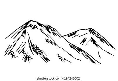 Simple hand-drawn vector drawing in black outline. Ink sketch. Rocky mountains, wild landscape, nature. Mountaineering, tourism and travel.