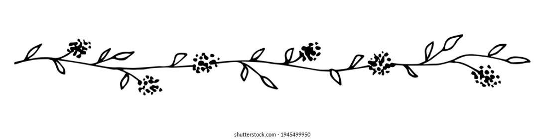 Simple hand-drawn vector drawing in black outline. Horizontal long flower garland isolated on white background. Twig, leaf and flower border for spring summer design. Delicate ornament for invitations