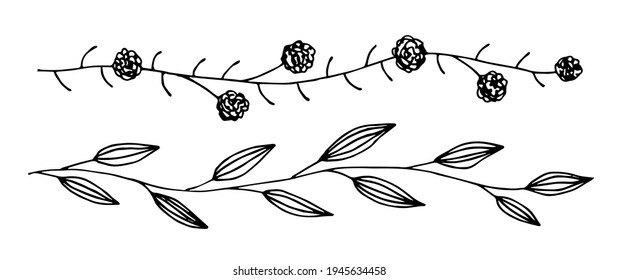 Dibujo simple de vector a mano en contorno negro. Floral horizontal larga
garland. Rama, hoja y marco floral, borde. Delicado ornamento de banner para invitaciones, diseño de productos. Esbozo de tinta, set.