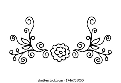 Simple hand-drawn vector drawing in black outline. Floral border frame, symmetrical ornament. For prints, postcards, invitations, product decoration. Flowers, patterned curls.