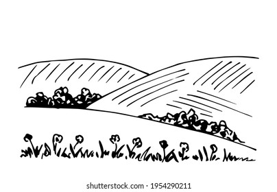 Simple hand-drawn vector drawing in black outline. Summer landscape, hills, bushes and vegetation, farm fields, grass and flowers in the foreground. Countryside, meadows, nature.