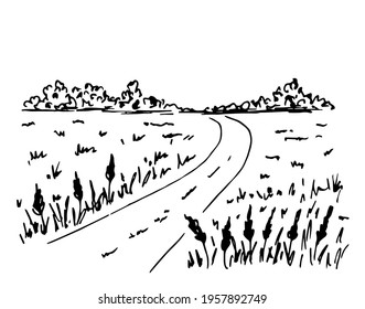 Simple hand-drawn vector drawing in black outline. Rural landscape, road, farm field, trees and bushes on the horizon. For labels, packaging. Ink sketch. Village, nature.