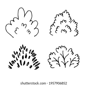 Simple hand-drawn vector drawing in black outline. Set of bushes, forest park plants, trees, vegetation. Doodle style, ink sketch. Landscape and nature.