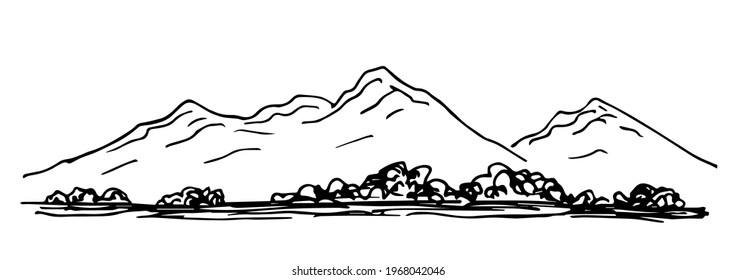 Simple hand-drawn vector drawing in black outline. Mountain range, summer landscape, river bank, bushes, trees. Wildlife, nature, travel and tourism. Panoramic view. 