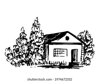 Simple hand-drawn vector drawing in black outline. Rural house in the forest, trees. Country landscape, summer village vacation, nature.