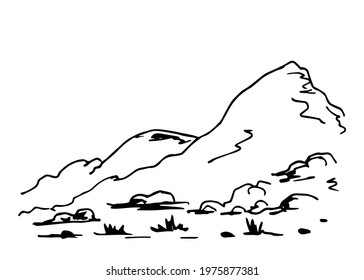 Simple hand-drawn vector drawing in black outline. Ink sketch. Mountainous, rocky, wild landscape, stones and grass, nature. Desert area. Tourism and travel.