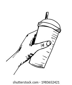 Simple hand-drawn vector drawing in black outline. A hand holds a glass with a lid and a straw. Drinks, cocktail. Fast food. Ink sketch.