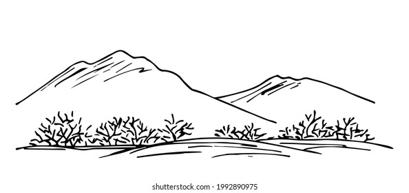 Simple hand-drawn vector drawing in black outline. Mountain range, panoramic landscape, dried plants, trees. Wildlife, desert area.