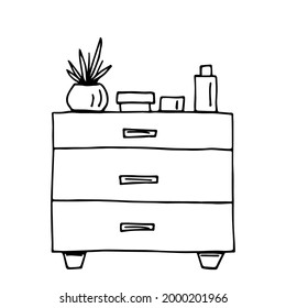 Simple hand-drawn vector drawing in black outline. Living room furniture, chest of drawers. Indoor plant, jars of cream. Home decor, design.