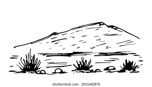 Simple hand-drawn vector drawing in black outline. Ink sketch. Mountains, rocky, wild landscape, stones and dry grass, nature. Desert area. Tourism and travel.