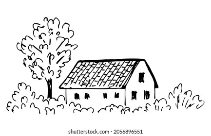 Simple hand-drawn vector drawing in black outline. Rural house in the forest, trees, bushes. Country landscape, summer village rest, nature.