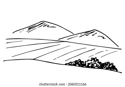 Simple hand-drawn vector drawing in black outline. Mountains on the horizon, fields, bushes. Country landscape, nature. Ink sketch.