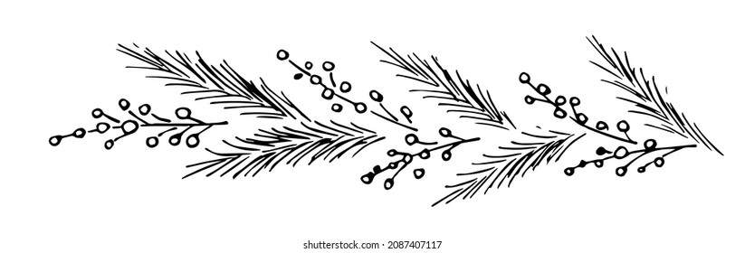 Simple hand-drawn vector drawing in black outline. Pine branch, holly berries, conifers. For New Year's, Christmas design. Long border, garland.