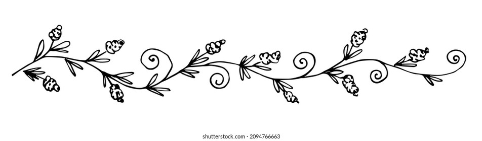 Simple hand-drawn vector drawing in black outline. Flower garland, leaves, twigs, curls, inflorescences. Long floral border, banner. Ink sketch.