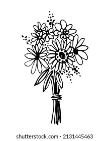 Simple hand  drawn vector drawing in black outline  Bouquet wildflowers isolated white background  For prints postcards  Gift  birthday  March 8 