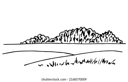 Simple hand-drawn vector drawing in black outline. Summer nature, landscape. Edge of the forest, fields. Lawn and grass, trees. Sketch in ink.