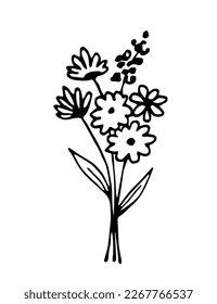 Simple hand-drawn vector drawing in black outline. Festive bouquet of flowers. For postcard prints, label. Gift, birthday, March 8th. Ink sketch.