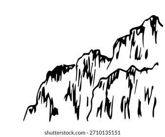 Simple hand-drawn vector drawing with a black outline. Mountains, rocky cliff. Nature and landscape. Sketch in ink.
