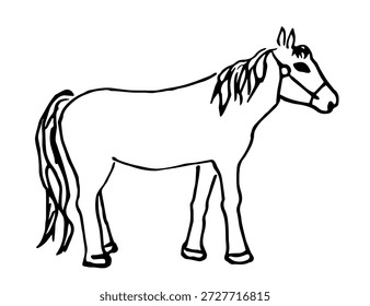 Un simple dibujo de Vector dibujado a mano con un contorno negro. Caballo, animales de granja, rancho, granero. Boceto en tinta.