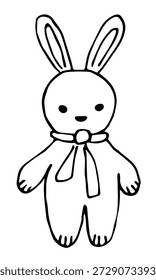 Simple hand-drawn vector drawing in black outline, sketch in ink. A little bunny toy, a rabbit with a scarf. Cute baby animals.