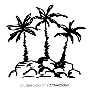 Simple hand-drawn vector drawing with a black outline. Three palm trees on the rocks, stone, island. Oasis in the desert. Nature and vegetation, tropical plants. Sketch in ink.